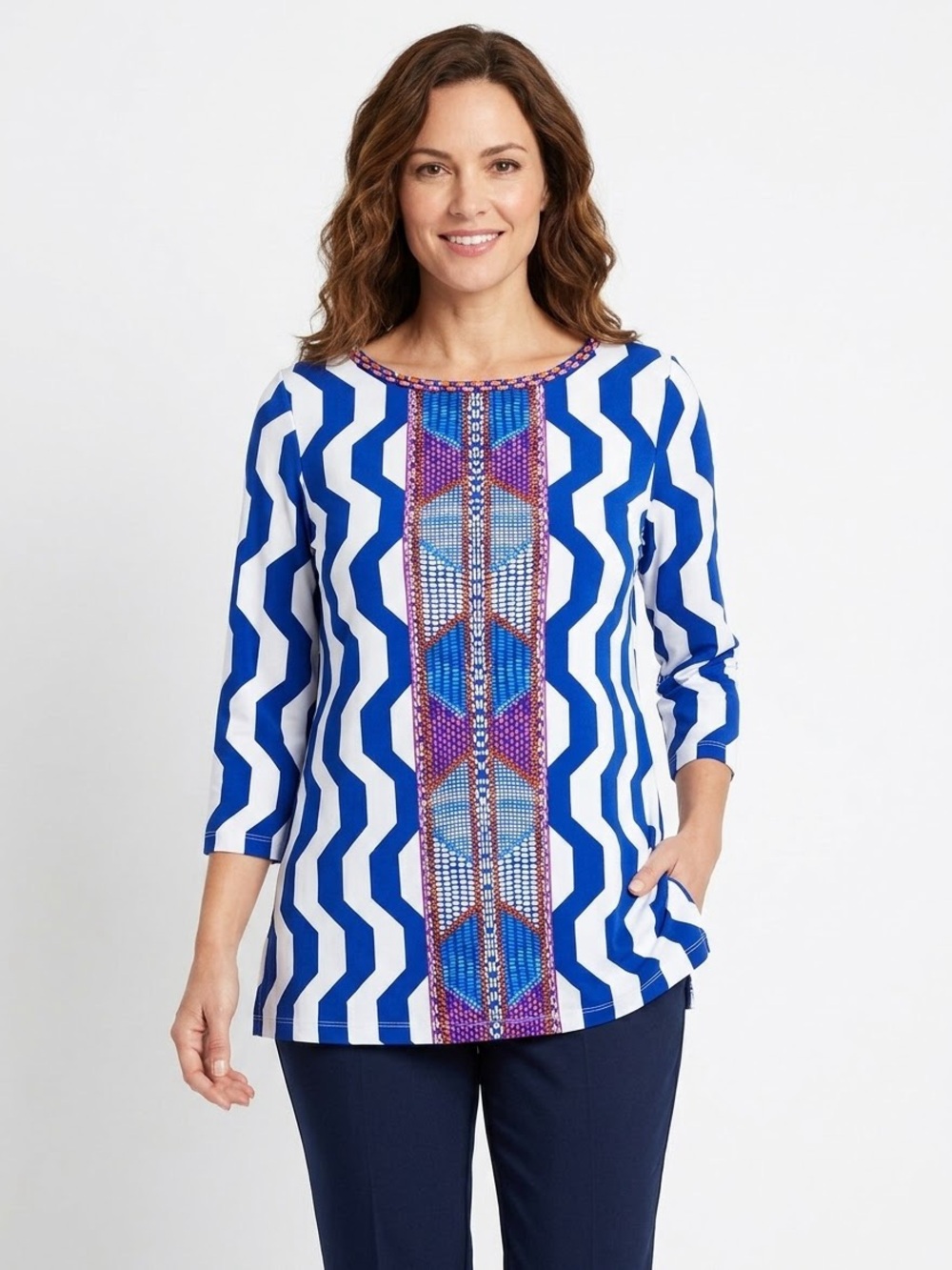 Ruby Rd. Blue and White Geometric Long-Sleeve Tunic with Beaded Center Stretchy